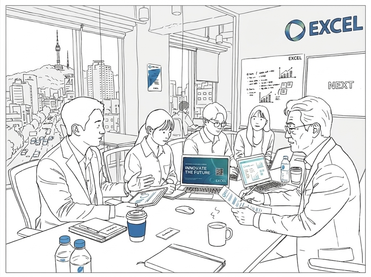 Line illustration of a founder meeting in an Excel Investment office overlooking Seoul.