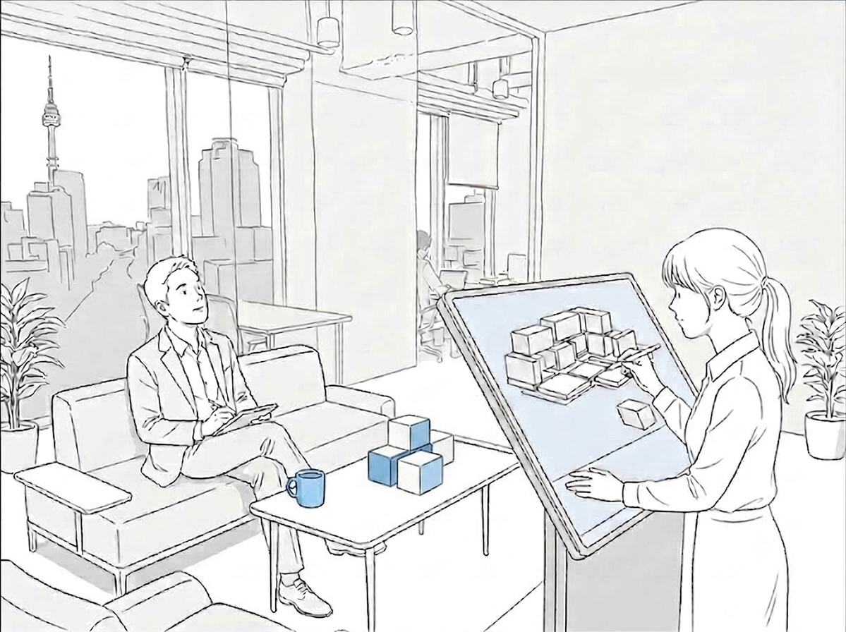 Line illustration of a founder and an investor mapping out how a company is built, in an office overlooking Seoul.